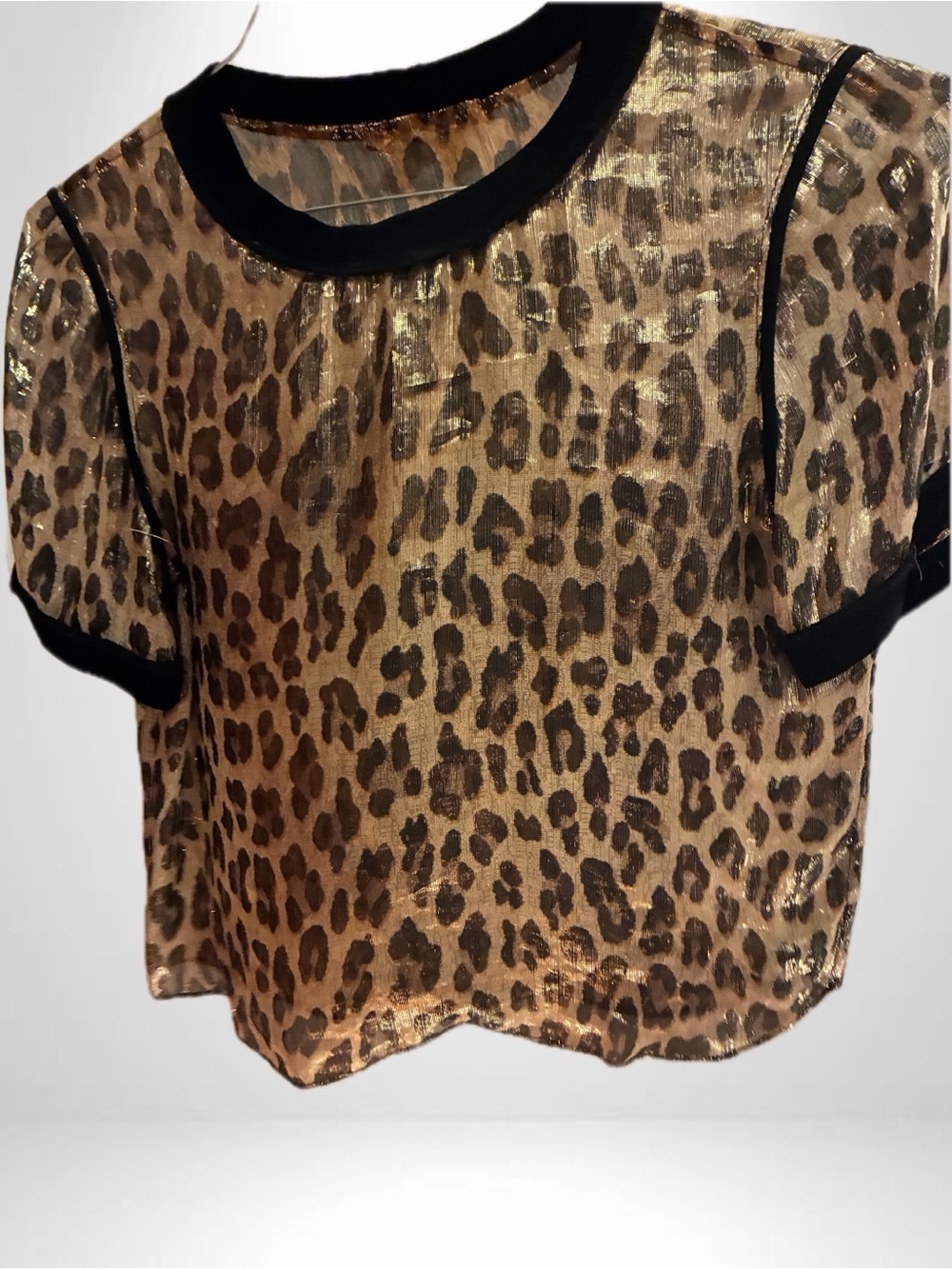 Alice + Olivia Metallic Gold Leopard Print Sheer Tee with Black Trim